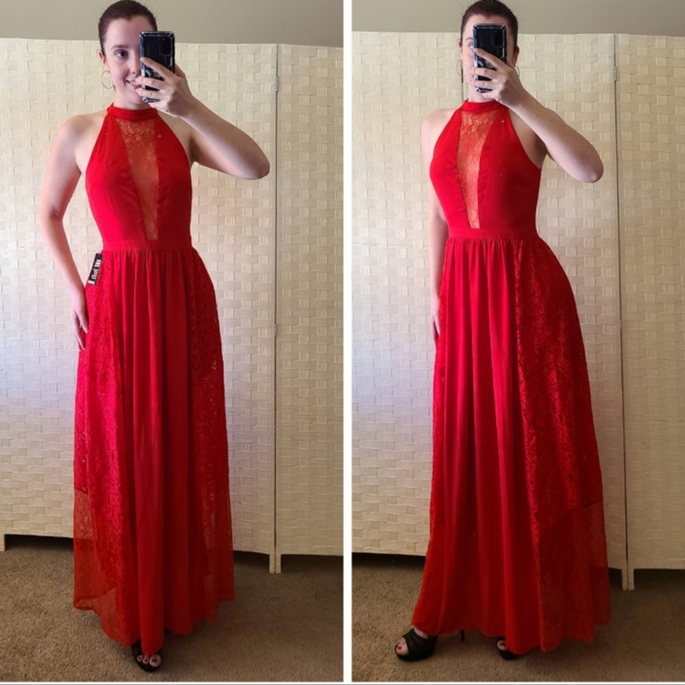 EXPRESS Hot Red Evening Gown High Neck Keyhole Back Lace Floor Length Maxi Dress